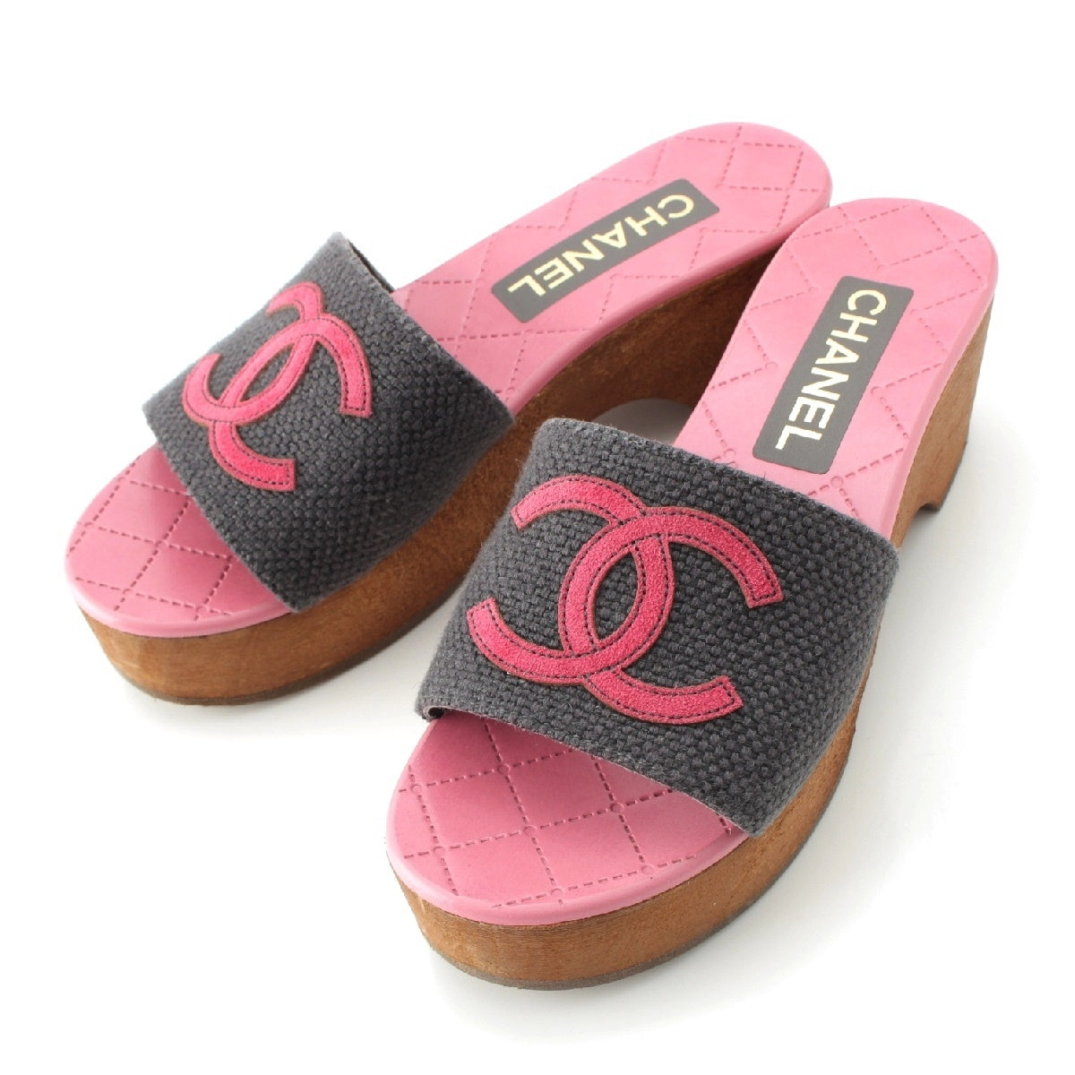CHANEL 24P Wood Sole COCO Mark Matelasse Sandals G45557 Pink gray 36C