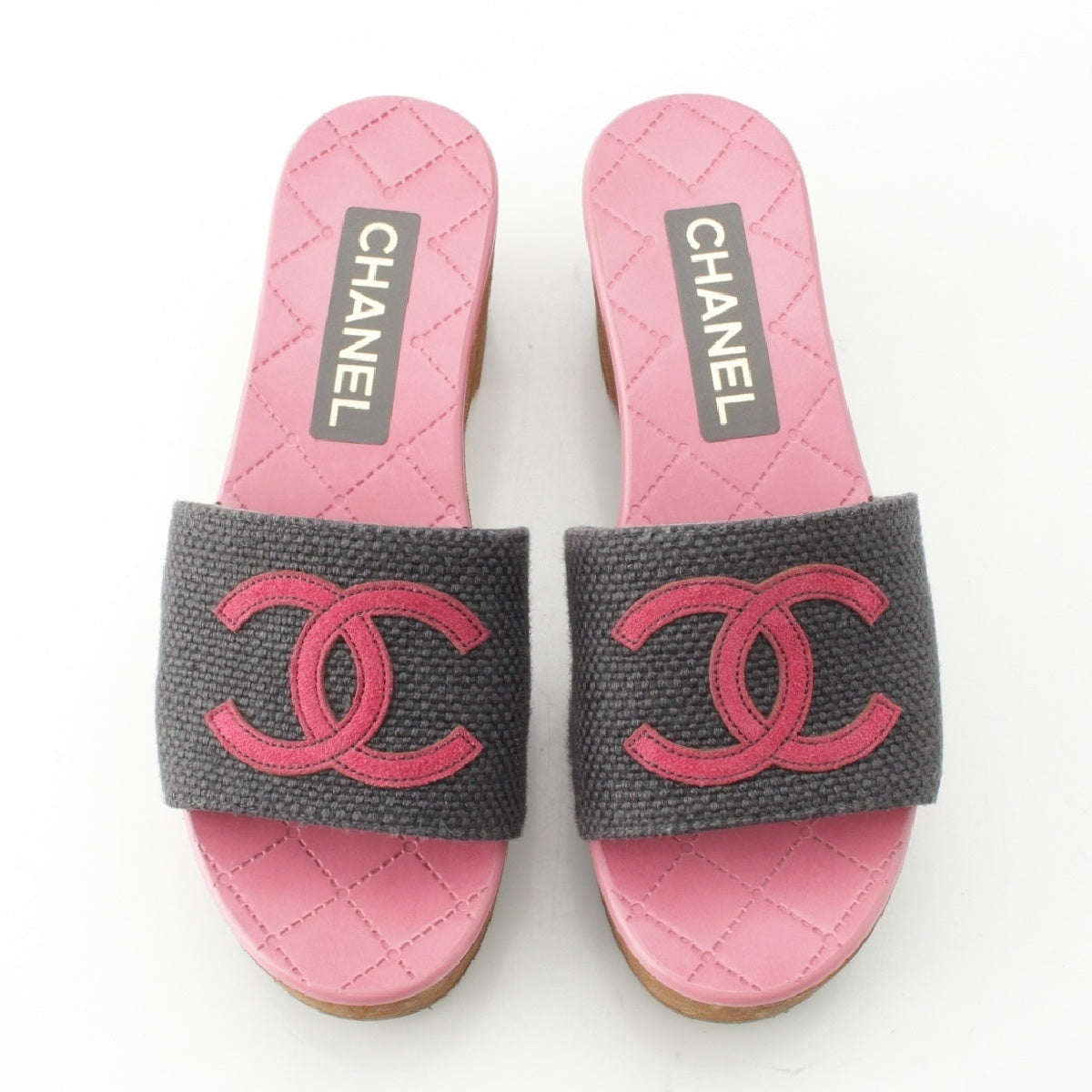 CHANEL 24P Wood Sole COCO Mark Matelasse Sandals G45557 Pink gray 36C