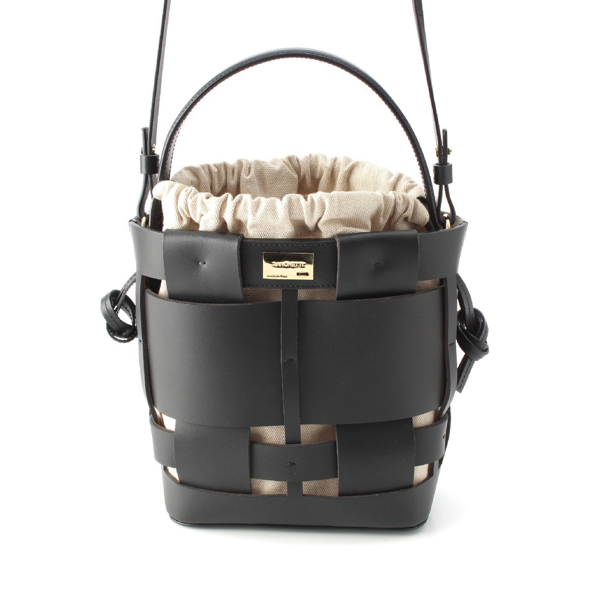 ZANCHETTI Woven basket leather 2way Shoulder Shopper Handbag black