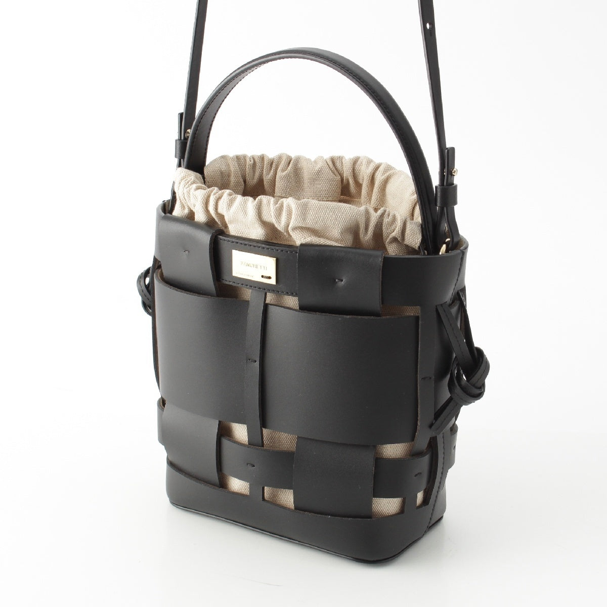 ZANCHETTI Woven basket leather 2way Shoulder Shopper Handbag black