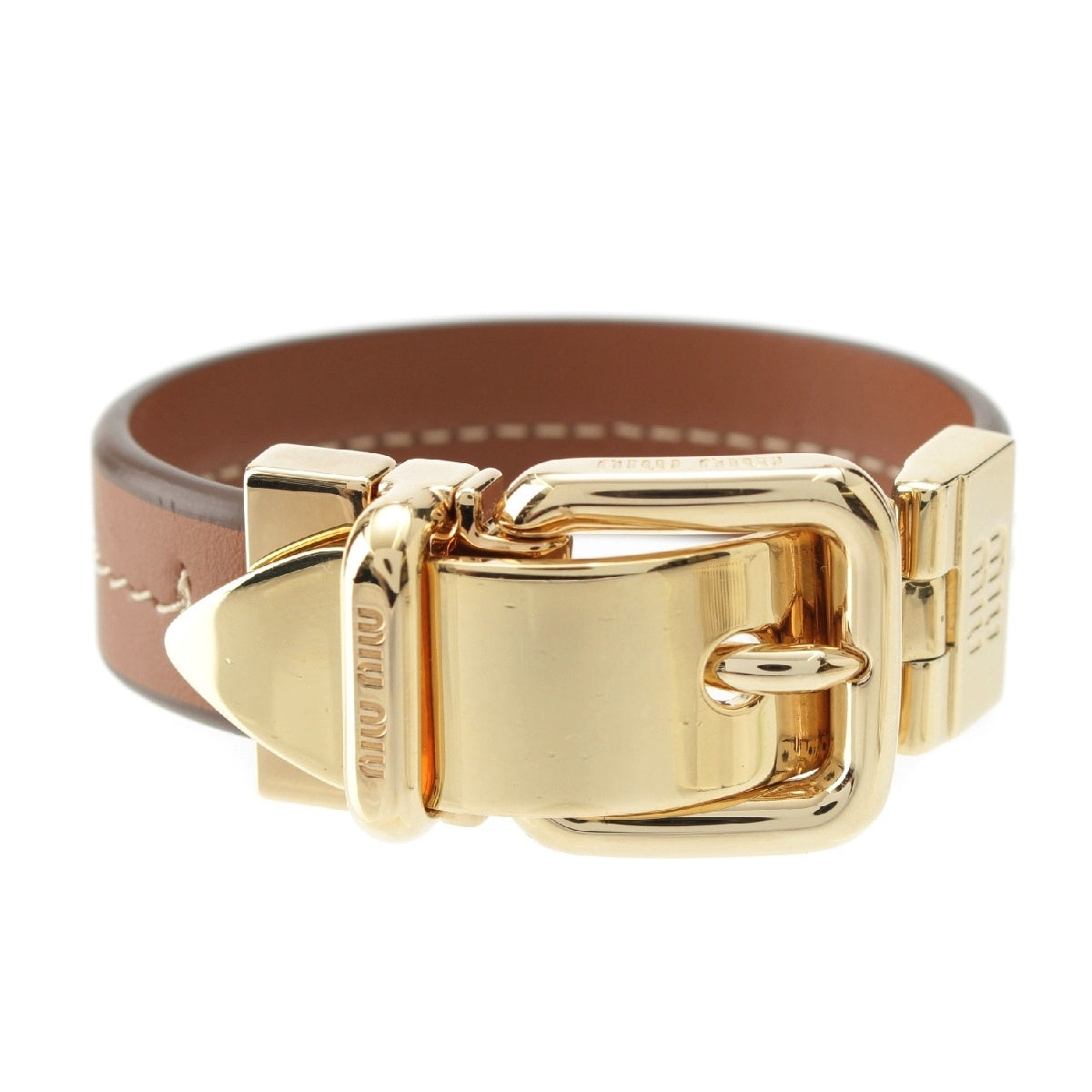 MIUMIU Gold Platedx leather belt logo bracelet Accessories Brown