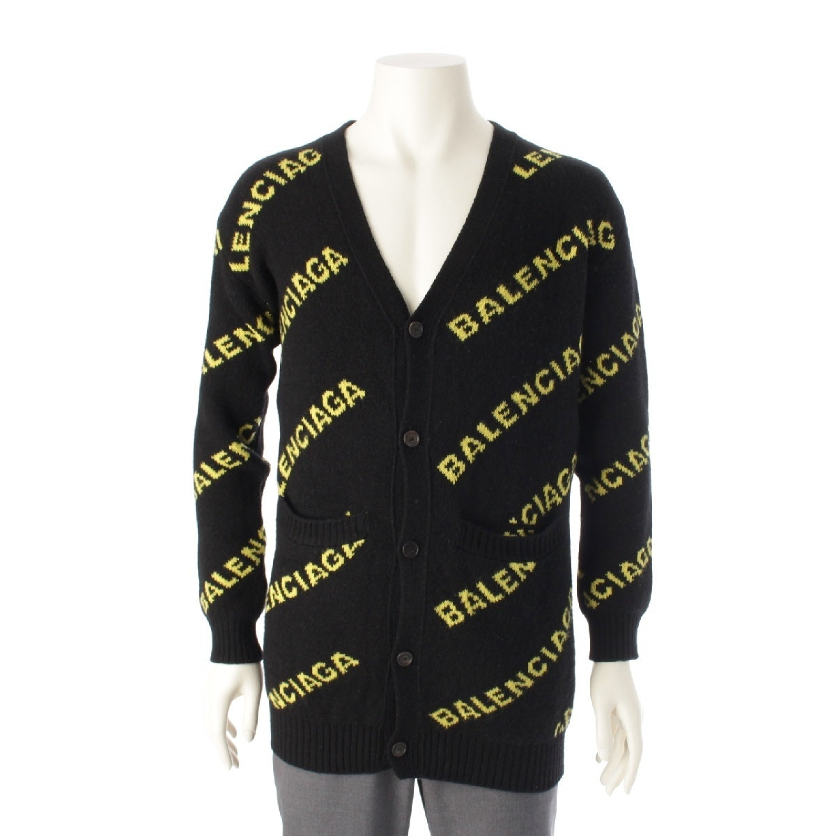 BALENCIAGA wool Logo Long Sleeve Knit cardigan Sweater tops Black yellow XS