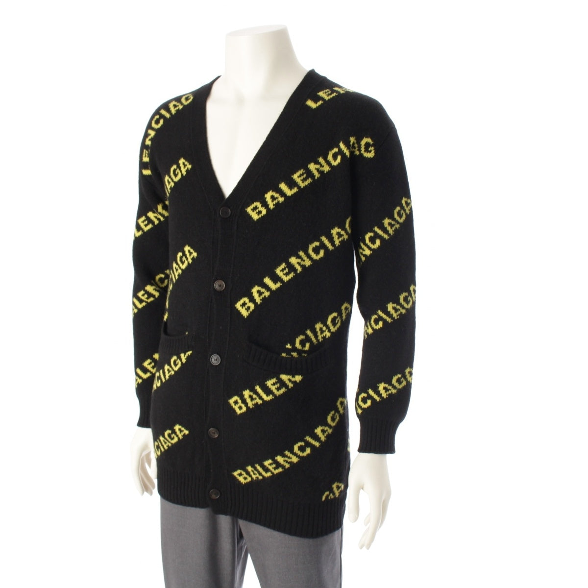 BALENCIAGA wool Logo Long Sleeve Knit cardigan Sweater tops Black yellow XS
