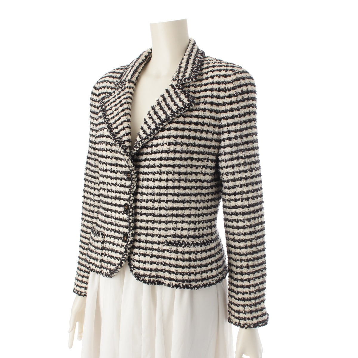 CHANEL 97P Cotton Tweed COCO Mark Button Check Short tailored jacket tops P07662 White x black 42