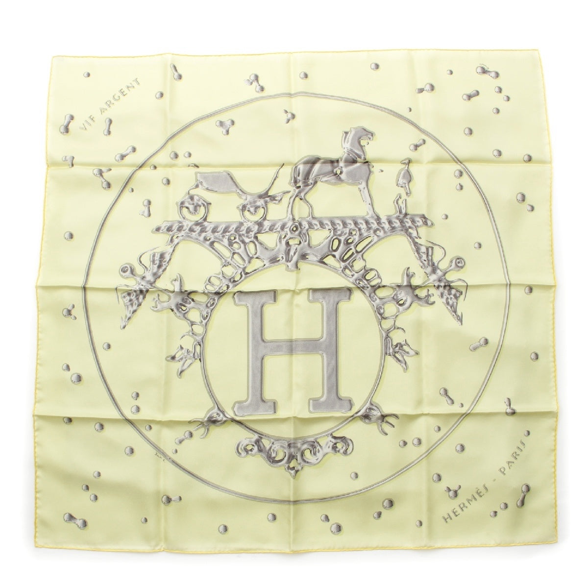 HERMES Calle 90 silk VIF ARGENT Silver Drop scarf yellow