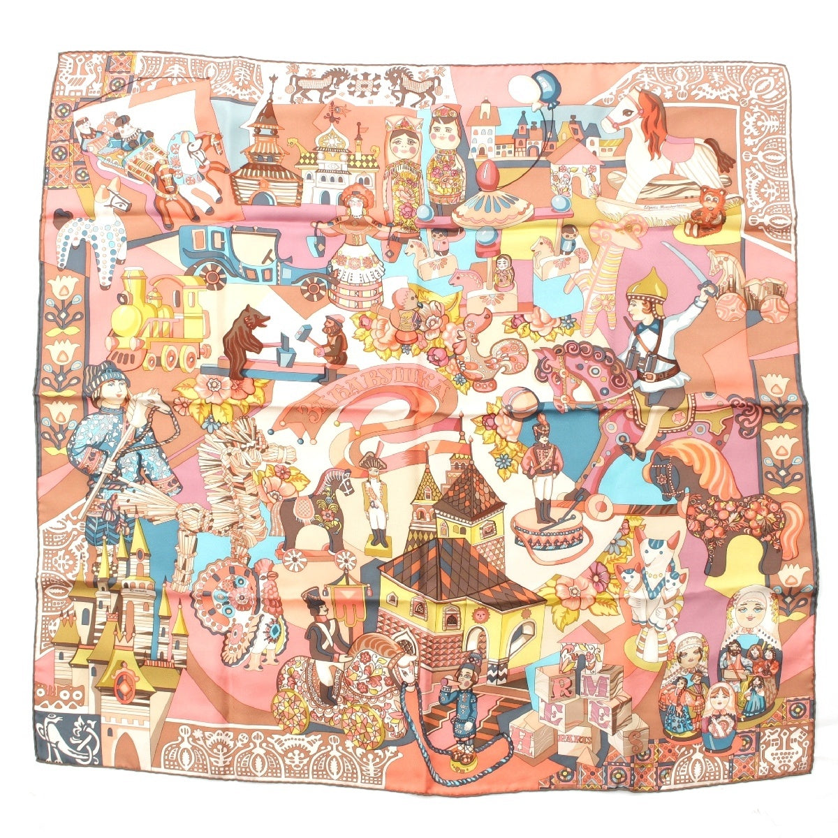 HERMES Calle 90 silk Zabavushka Russian doll all-over pattern scarf Multicolor Pink Orange