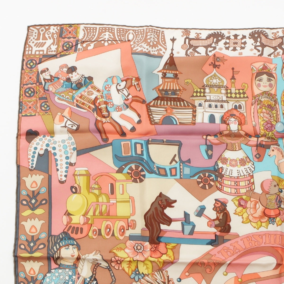 HERMES Calle 90 silk Zabavushka Russian doll all-over pattern scarf Multicolor Pink Orange