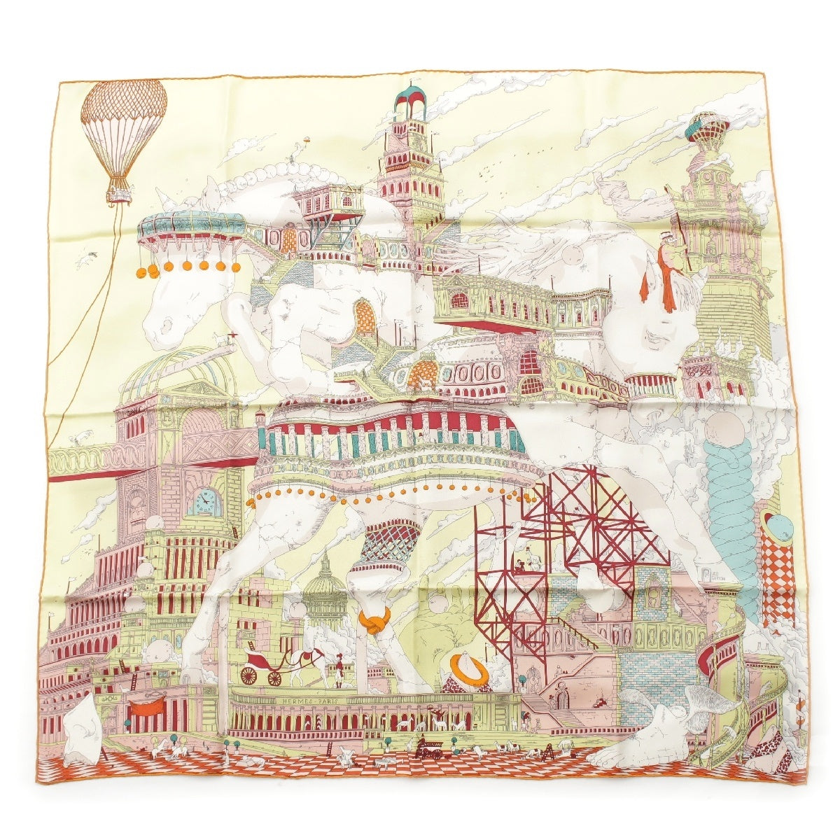 HERMES Calle 90 silk HIPPOPOLIS Ugo Gattuni Horse Building scarf Multicolor Pink Yellow