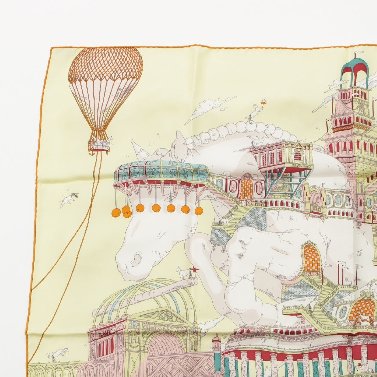 HERMES Calle 90 silk HIPPOPOLIS Ugo Gattuni Horse Building scarf Multicolor Pink Yellow