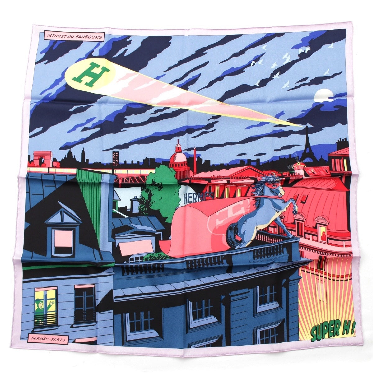 HERMES Carre 70 silk MINUTT AU FAUBOURG Super H Horse scarf Blue Lilac