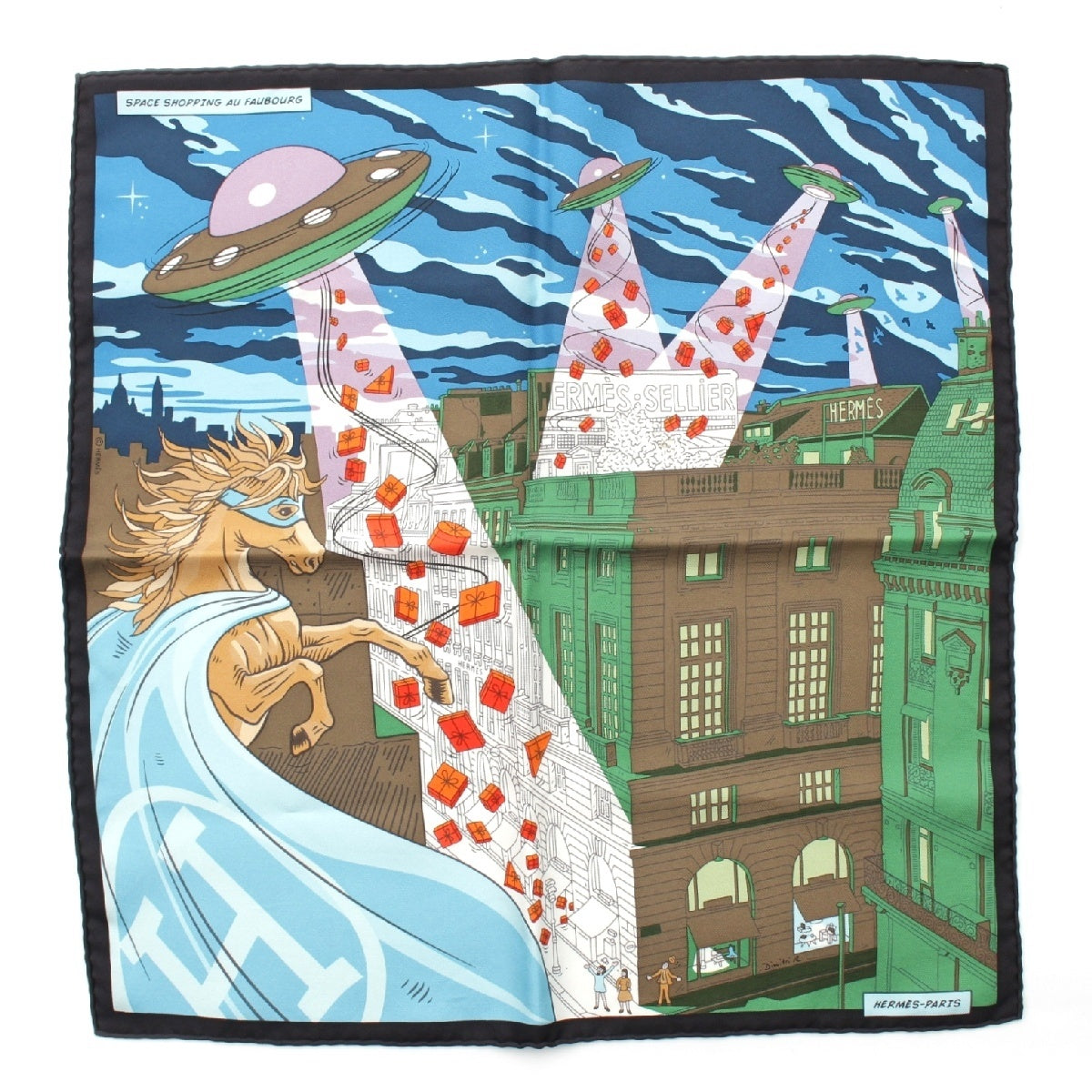 HERMES gavroche carre 45 silk SPACE SHOPPING AU FAUBOURG scarf UFO Handkerchief Mini Petite blue