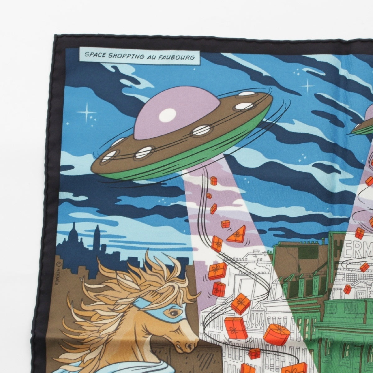 HERMES gavroche carre 45 silk SPACE SHOPPING AU FAUBOURG scarf UFO Handkerchief Mini Petite blue