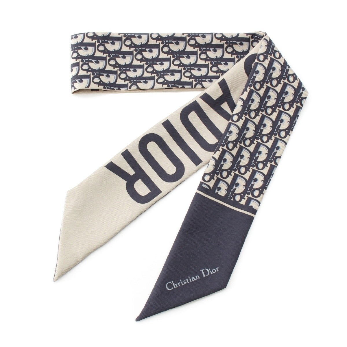 Christian Dior Mitza silk Trotter Oblique Logo Reversible scarf Stall Navy beige