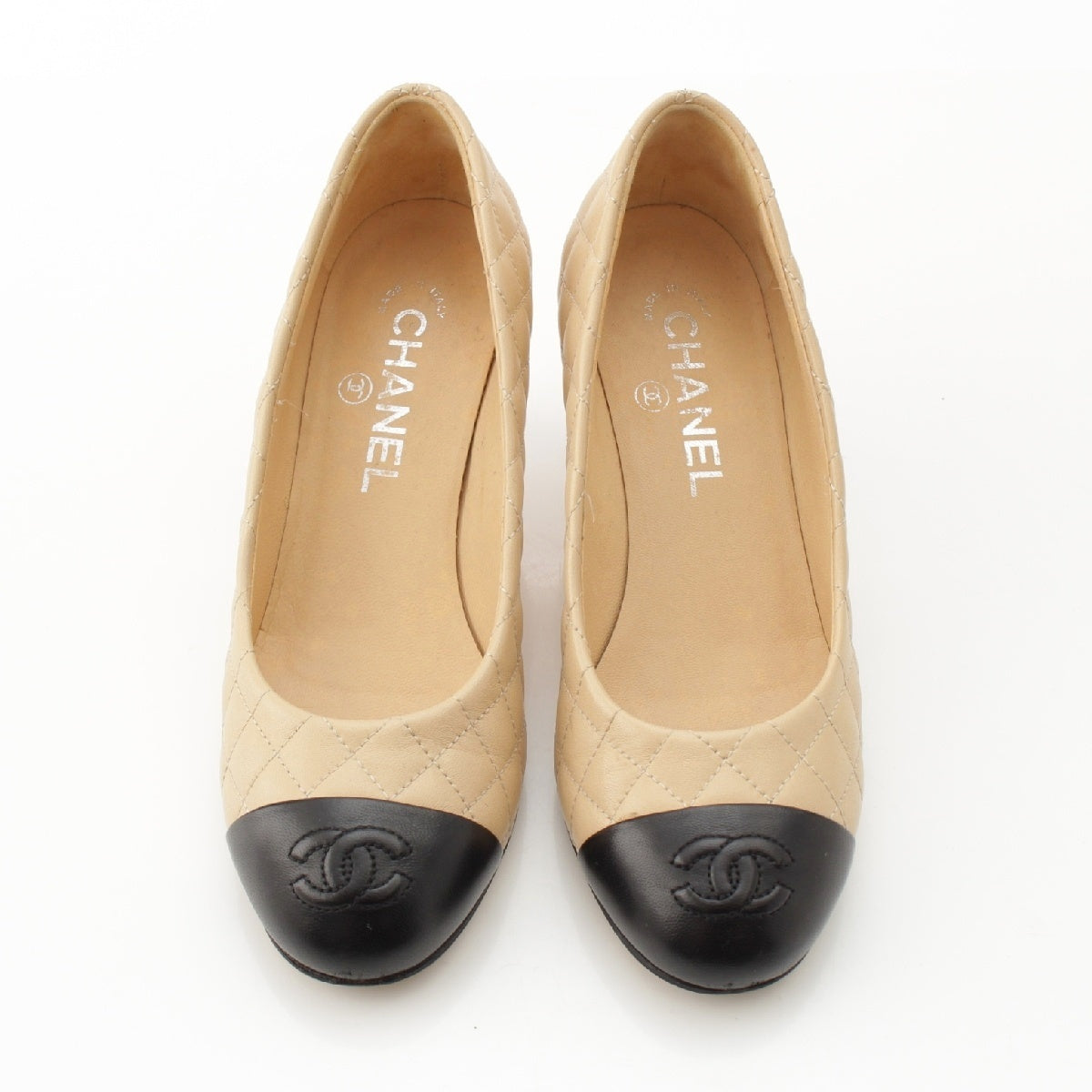 CHANEL leather Matelasse heels pumps shoes G30354 beige 36 1/2