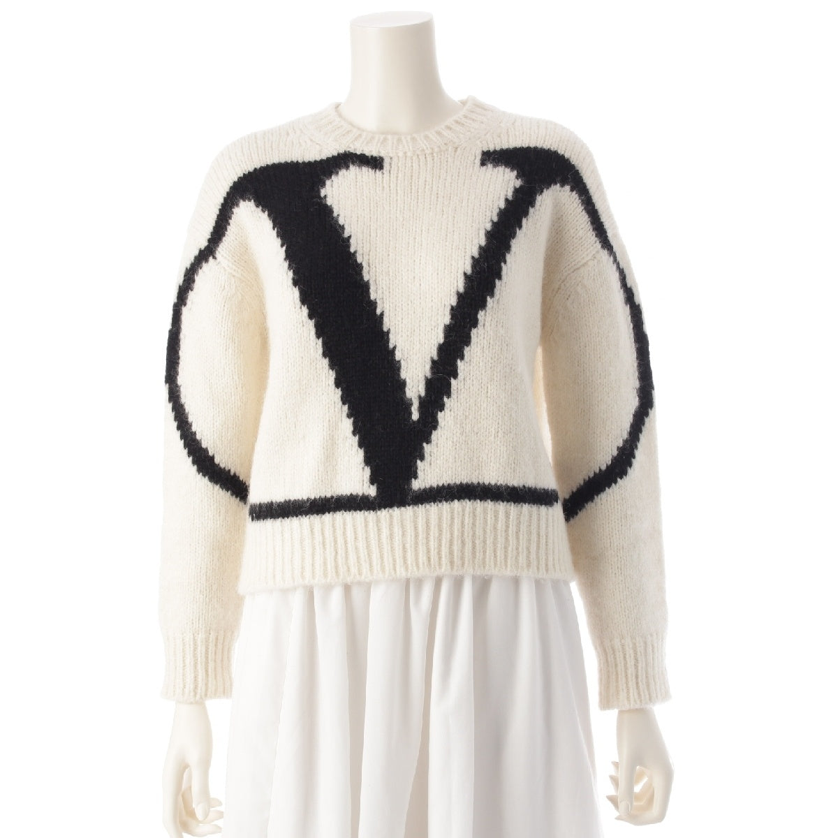 VALENTINO Alpaca wool V logo long sleeve knit sweater tops SB3KC05E4QK White black XS