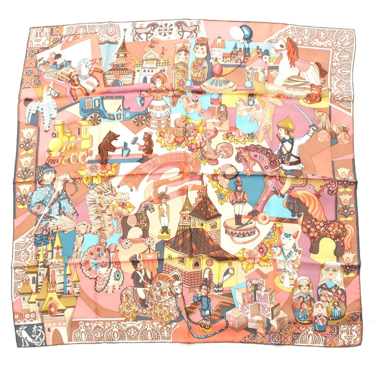 HERMES silk Karre 90 ZABAVUSHKA Russian Doll scarf Pink multicolor