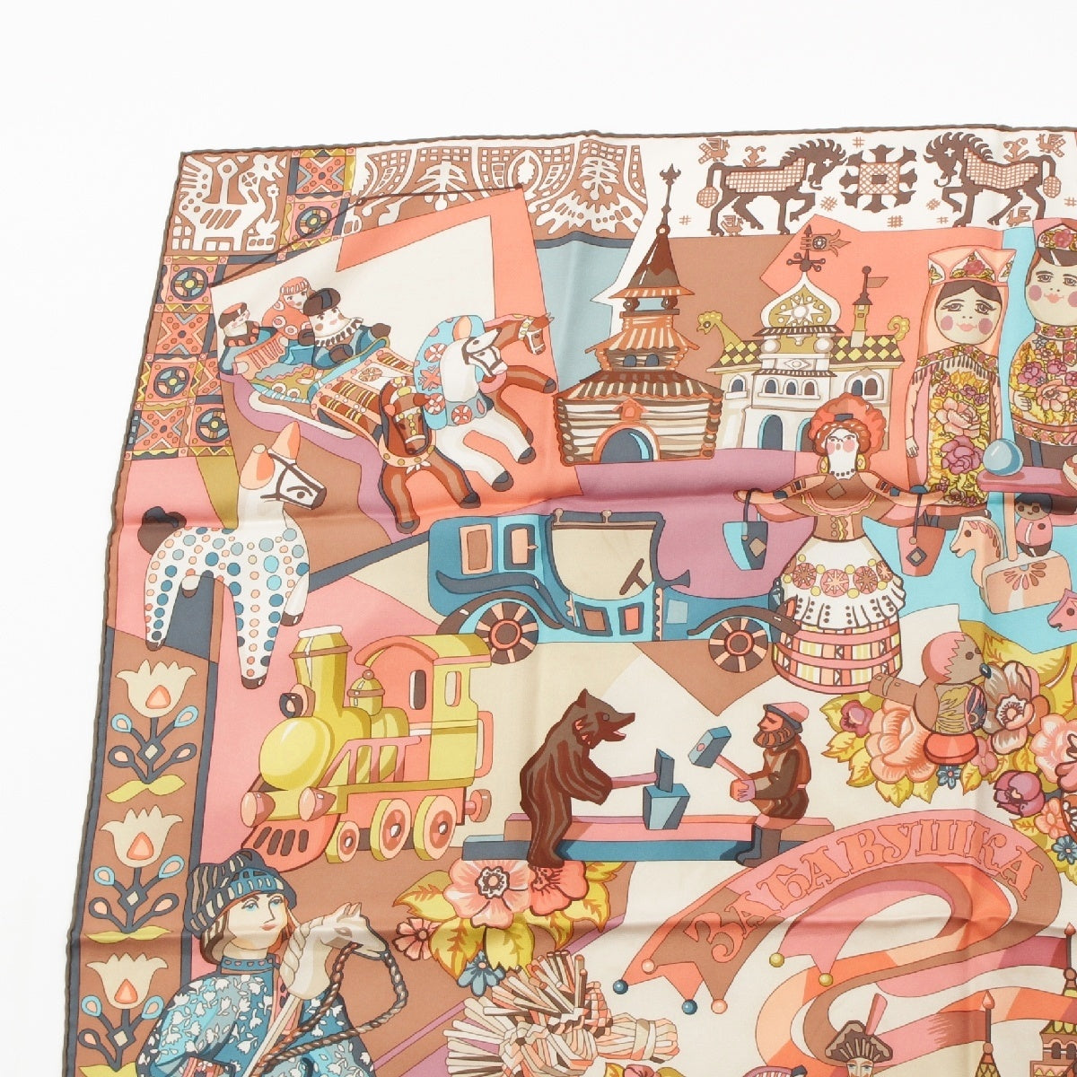 HERMES silk Karre 90 ZABAVUSHKA Russian Doll scarf Pink multicolor
