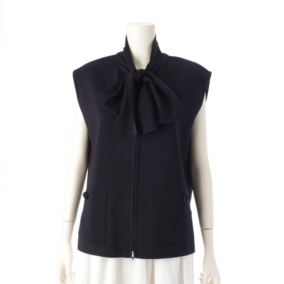 Rene 24 years Acetate Nylon Knit Ribbon Sleeveless Zip-up Long sleeve cardigan tops 6412600 Navy S