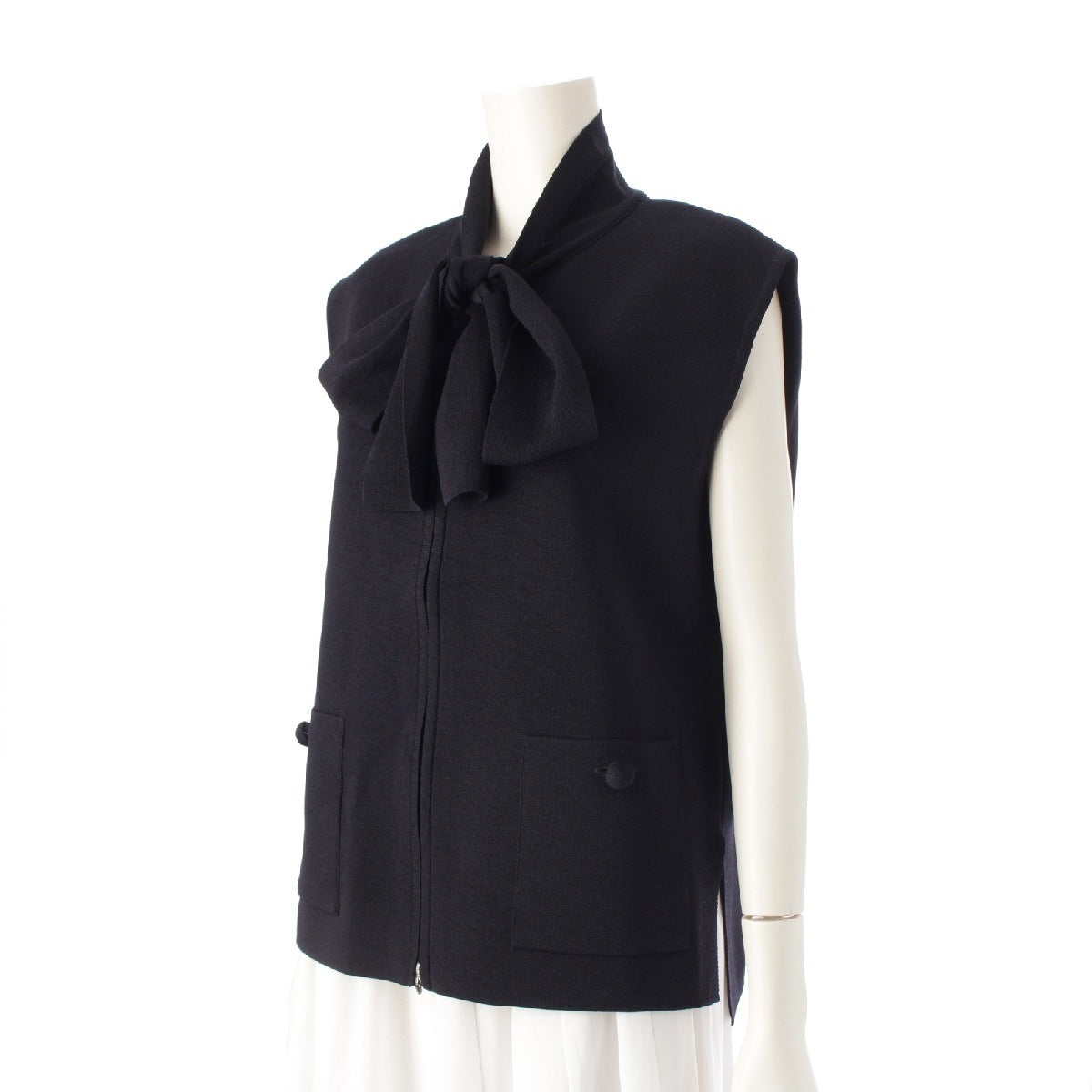 Rene 24 years Acetate Nylon Knit Ribbon Sleeveless Zip-up Long sleeve cardigan tops 6412600 Navy S