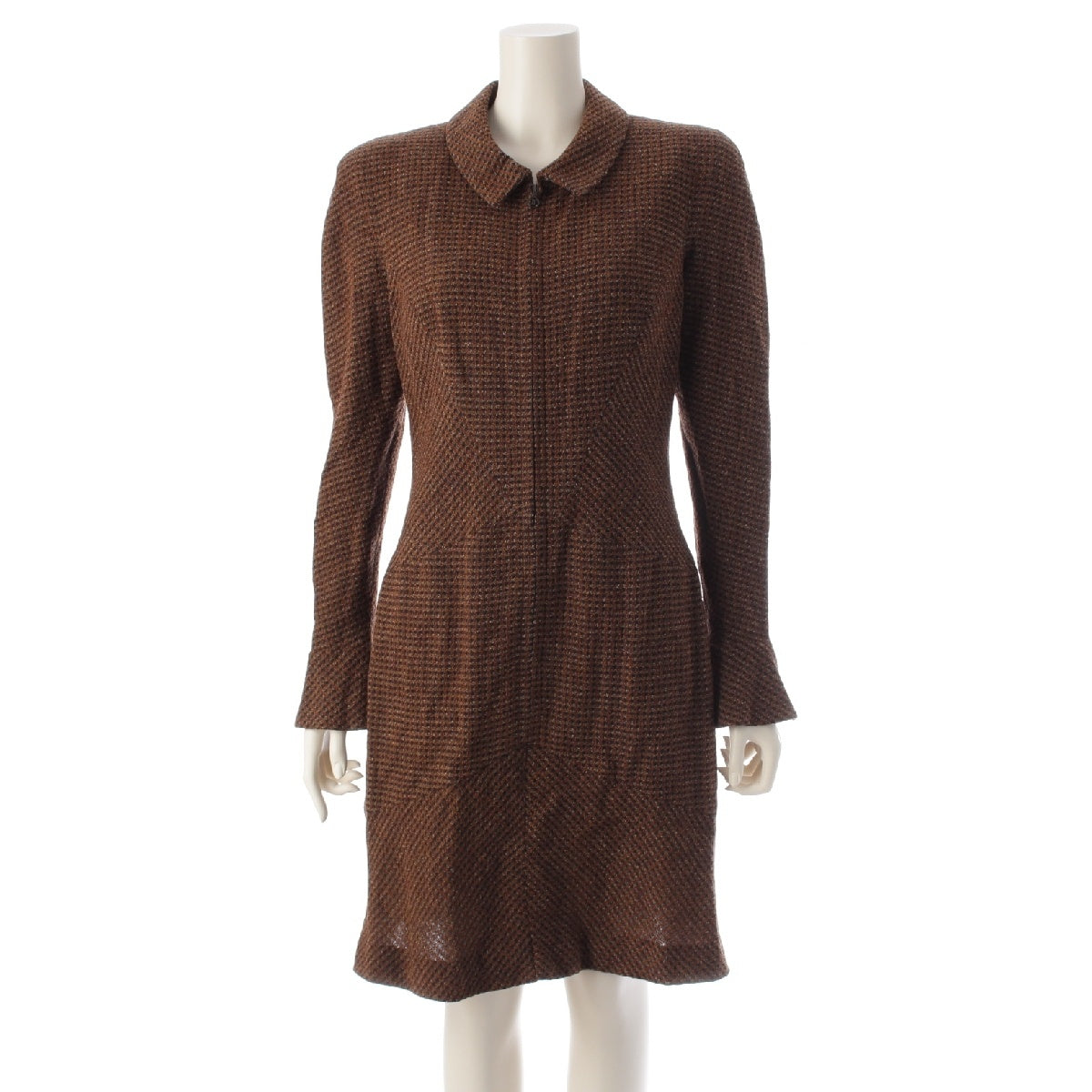 CHANEL wool tweed Vintage Zip Up one piece dress Brown 42
