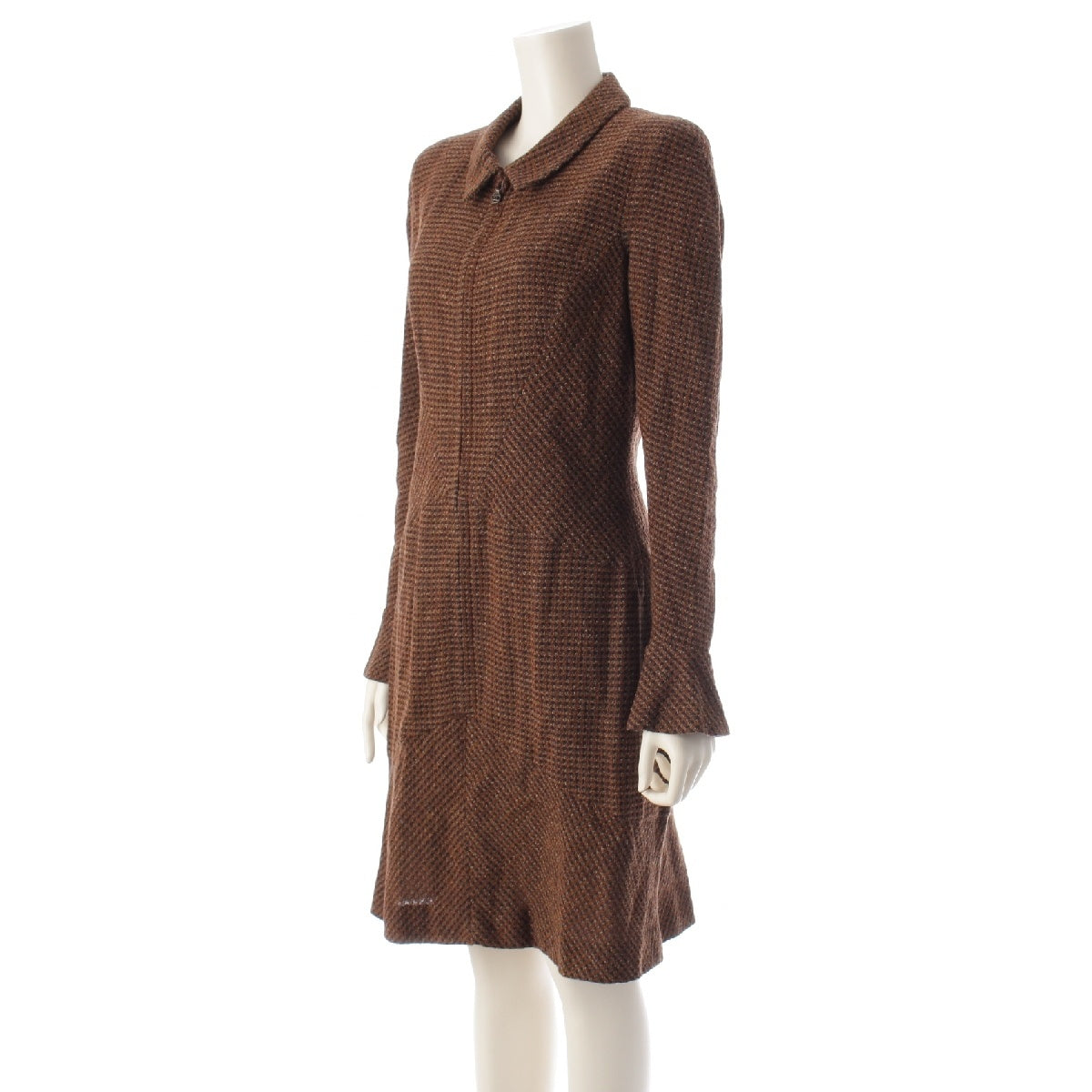 CHANEL wool tweed Vintage Zip Up one piece dress Brown 42