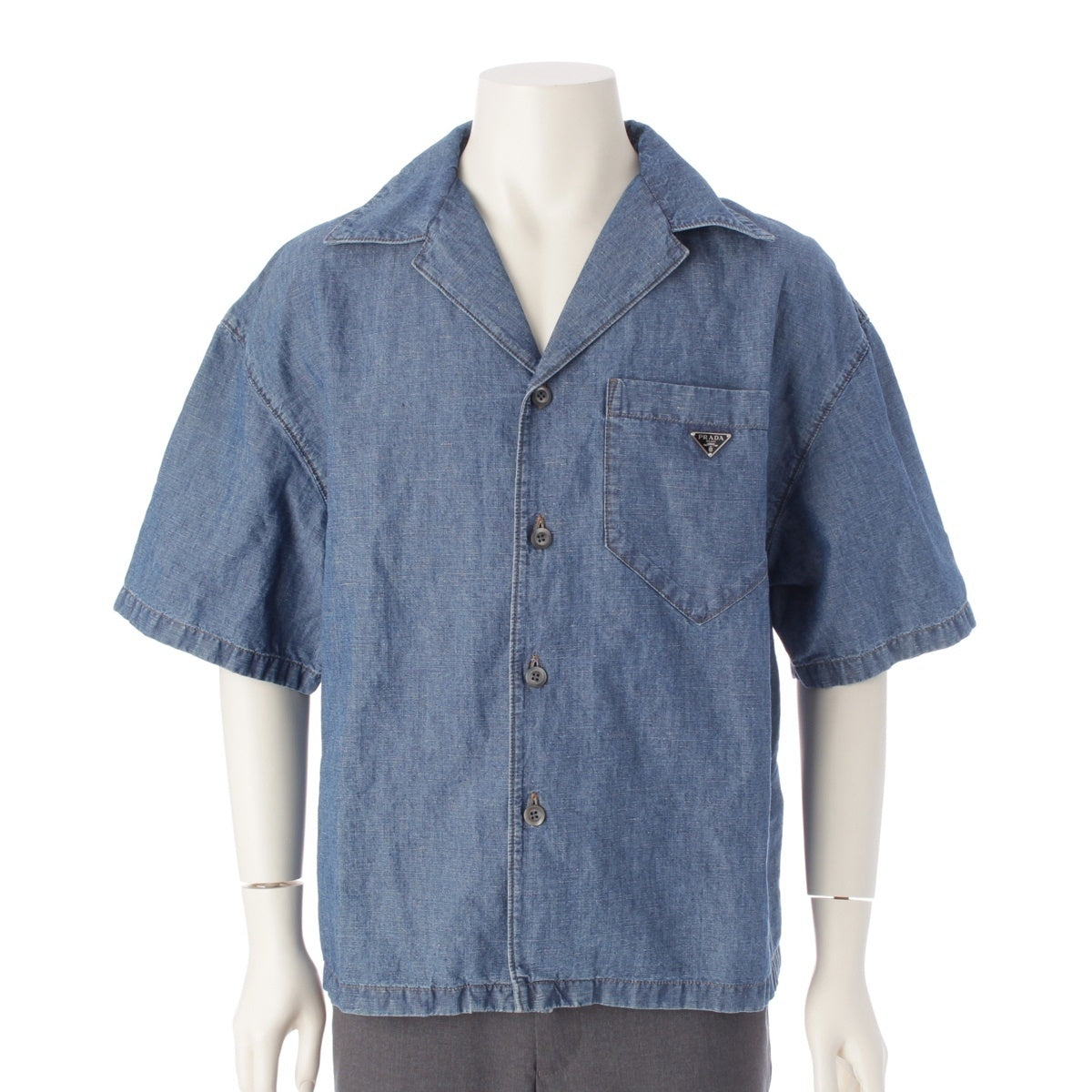 PRADA cotton Triangle Logo Chambray Short sleeve shirt tops GEC068 blue L