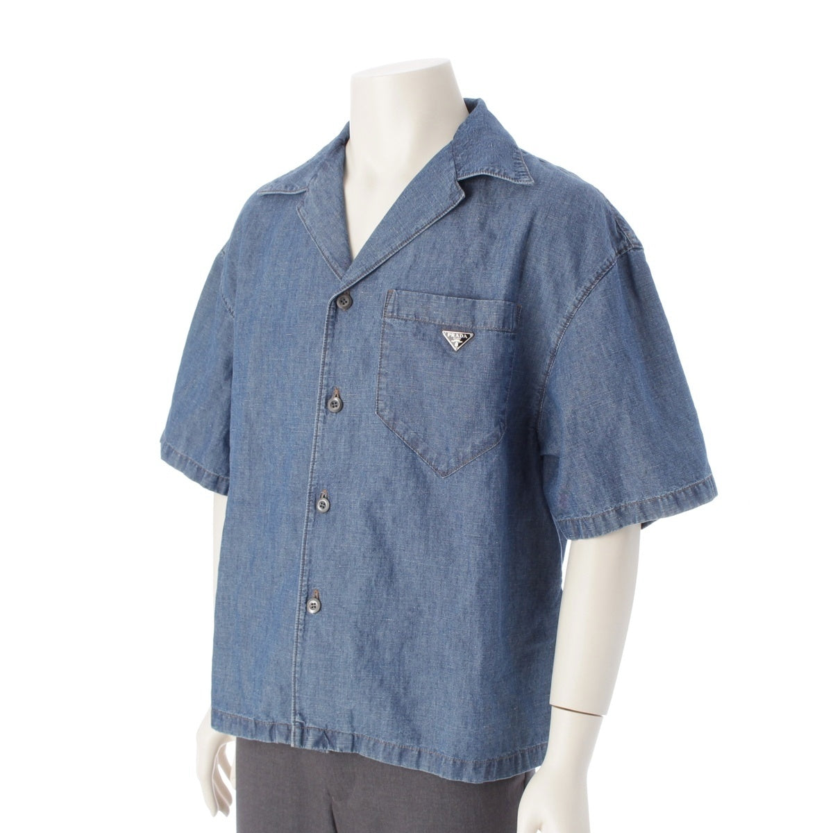 PRADA cotton Triangle Logo Chambray Short sleeve shirt tops GEC068 blue L