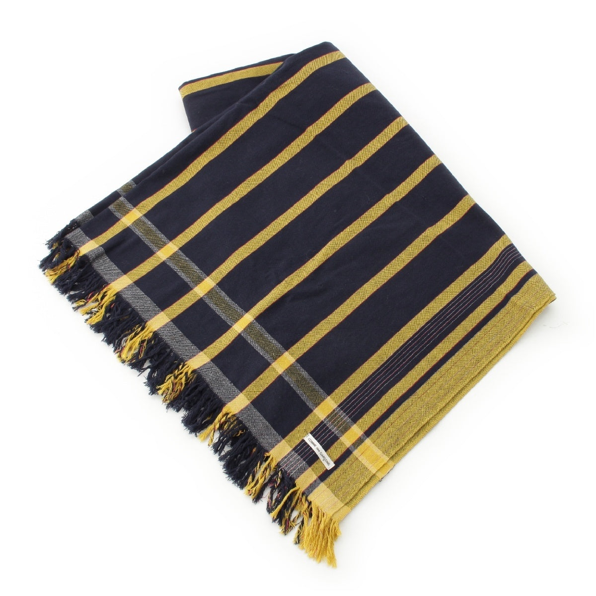 COMME des GARCONS 80S Vintage Stripe Pattern Large Fringe Stall Scarf shawl Navy x yellow