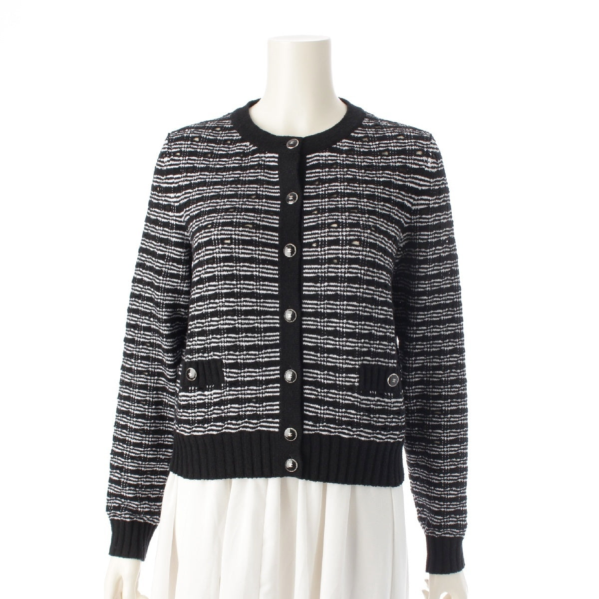 CHANEL 25P Cotton x silk COCO Button Border Knit cardigan tops Black x white 34