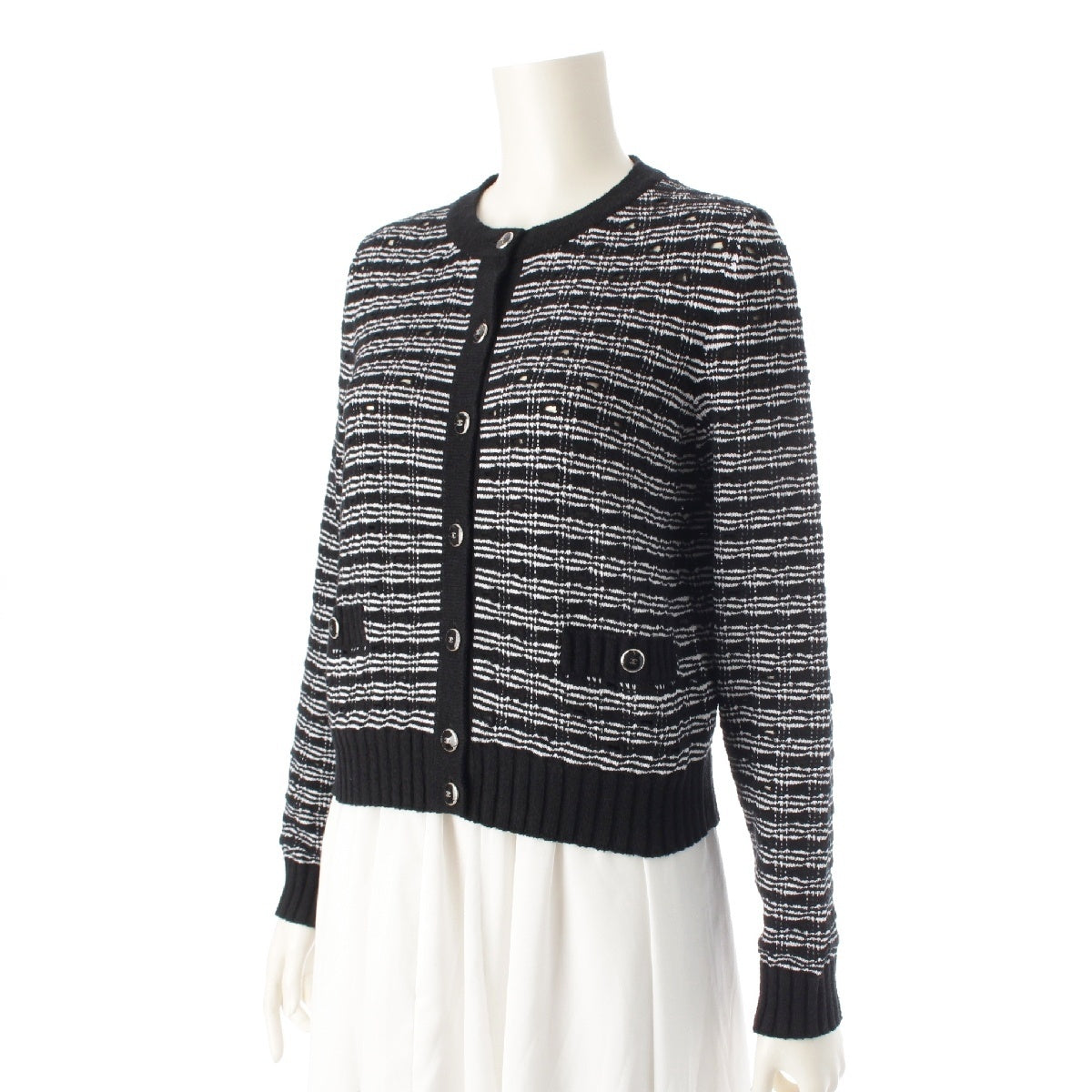 CHANEL 25P Cotton x silk COCO Button Border Knit cardigan tops Black x white 34