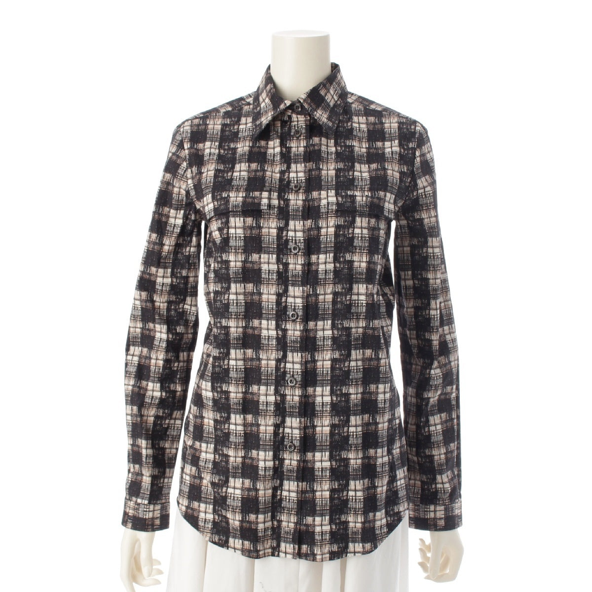 PRADA 15Stainless Steel cotton Logo Check Long Sleeve blouse Shirt tops black 38