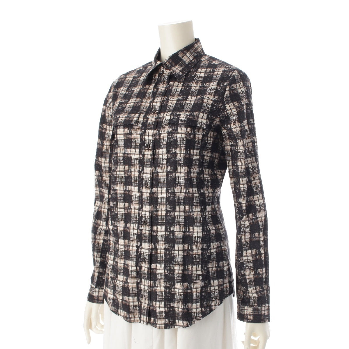 PRADA 15Stainless Steel cotton Logo Check Long Sleeve blouse Shirt tops black 38