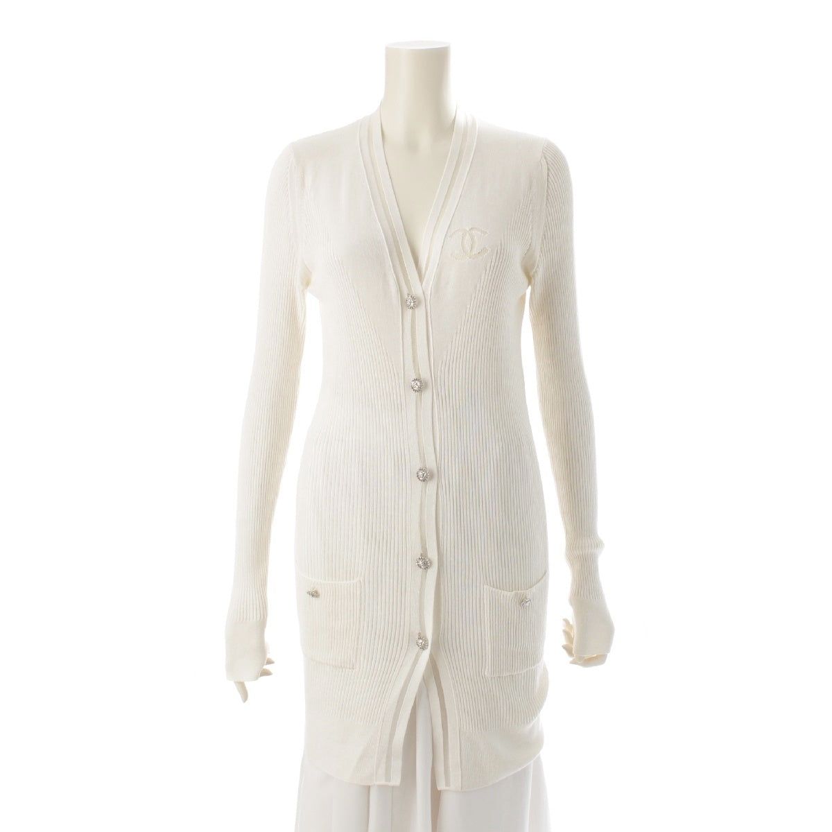 CHANEL Cotton x silk COCO Mark Camellia Button Rib Knit Long cardigan One piece coat P37895K02547 white 38