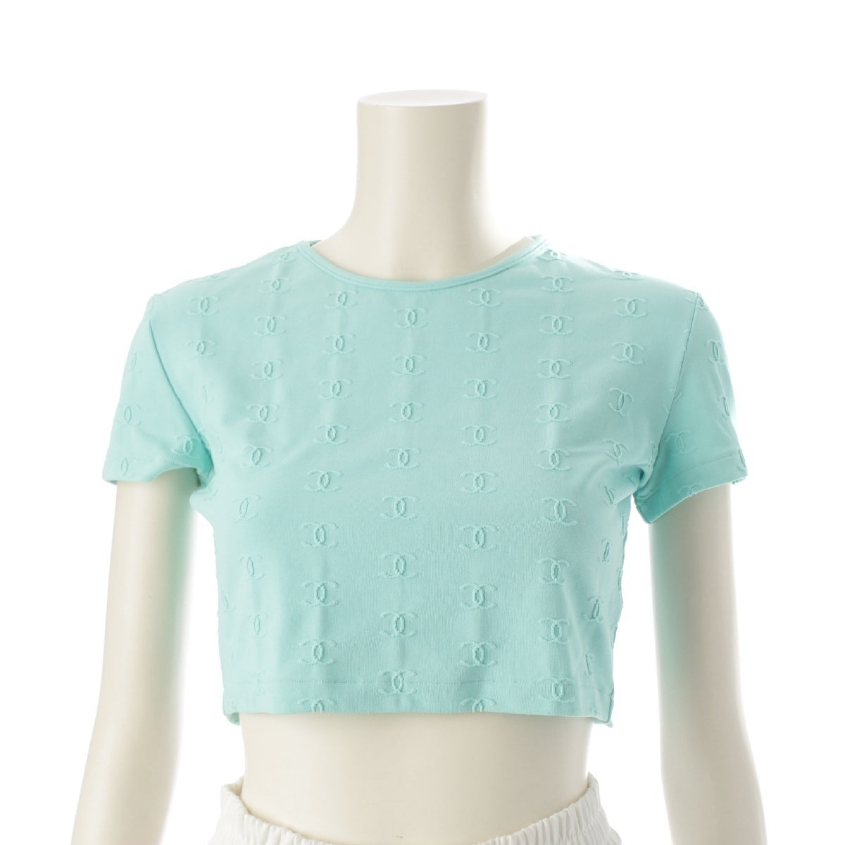 CHANEL 97P Nylon Vintage COCO Mark all-over cropped Short sleeve T-shirt Short T-shirts, short tops, cut-and-sew tops PO7794 Emerald green blue 38