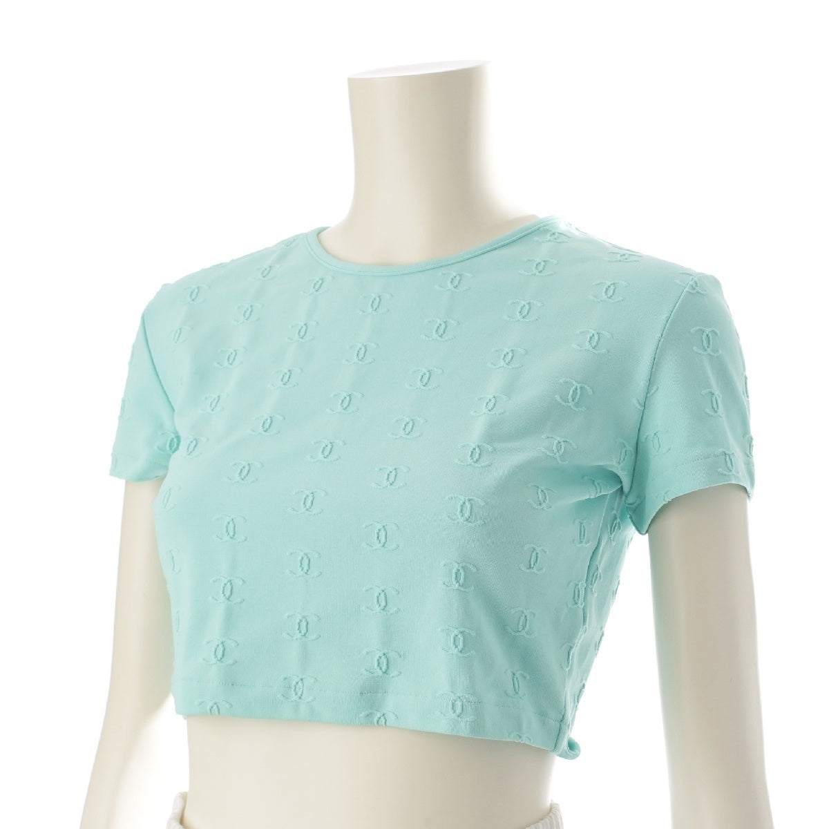CHANEL 97P Nylon Vintage COCO Mark all-over cropped Short sleeve T-shirt Short T-shirts, short tops, cut-and-sew tops PO7794 Emerald green blue 38