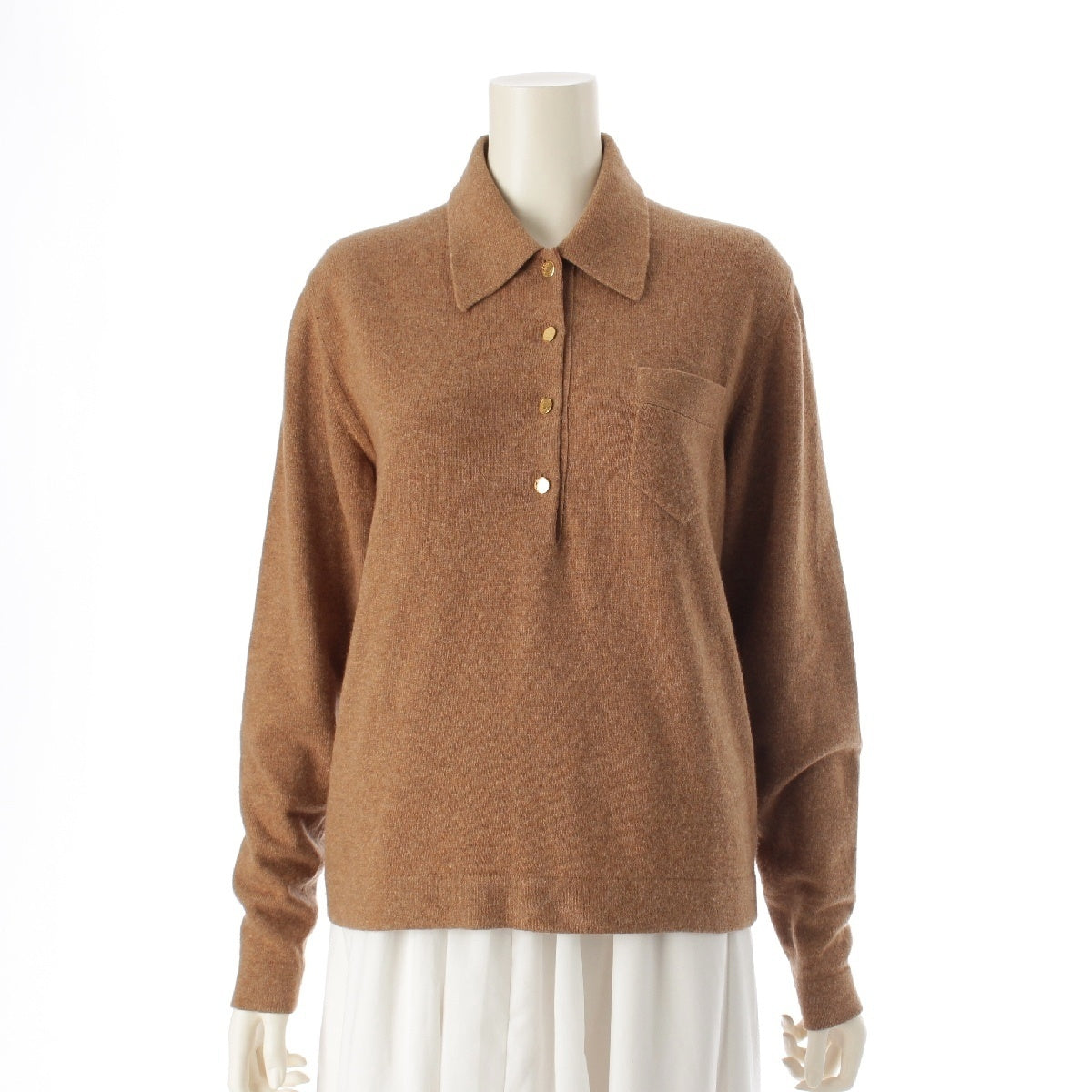 HERMES cashmere Vintage Serie Button Long Sleeve Knit Polo shirt Sweater tops Brown XL
