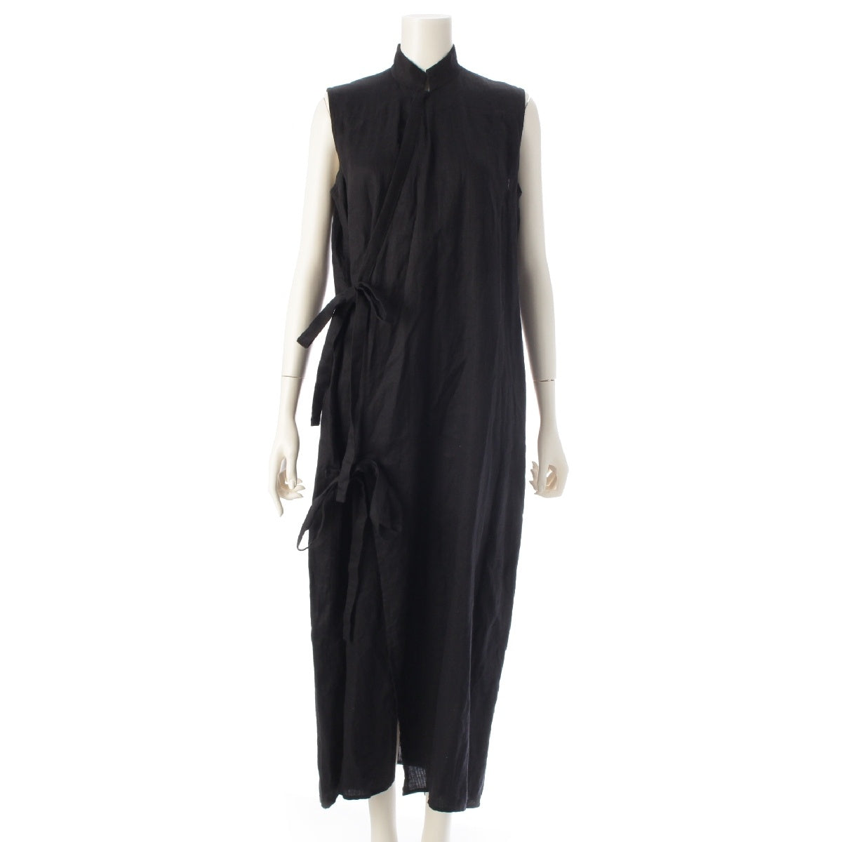 Y's Yohji Yamamoto linen Stand collar Belt Sleeveless one piece Long dress YZ-D07-307 black