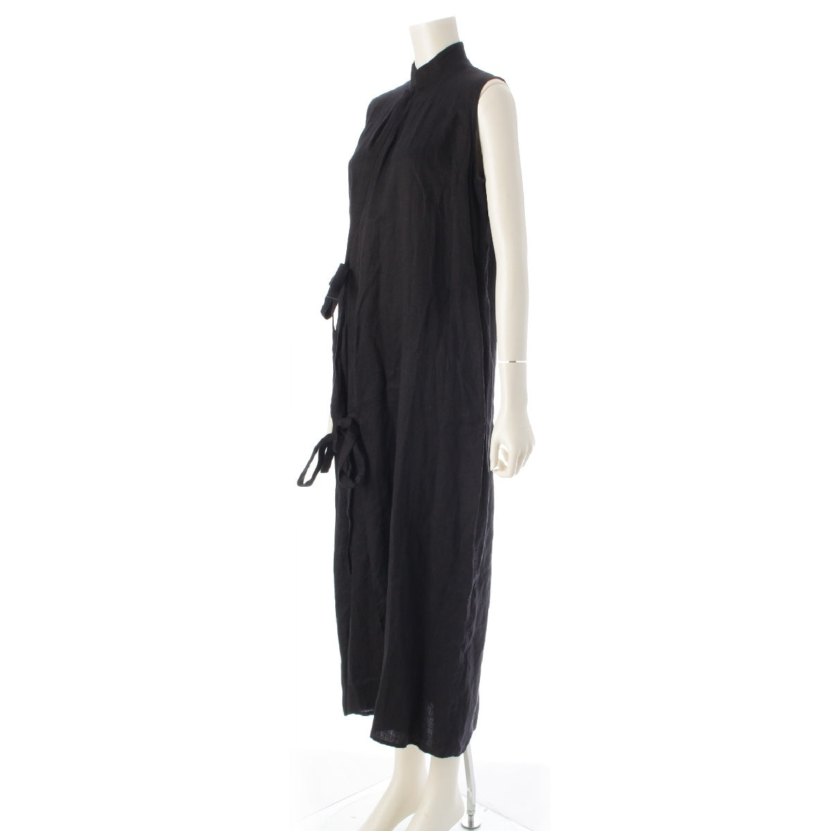 Y's Yohji Yamamoto linen Stand collar Belt Sleeveless one piece Long dress YZ-D07-307 black
