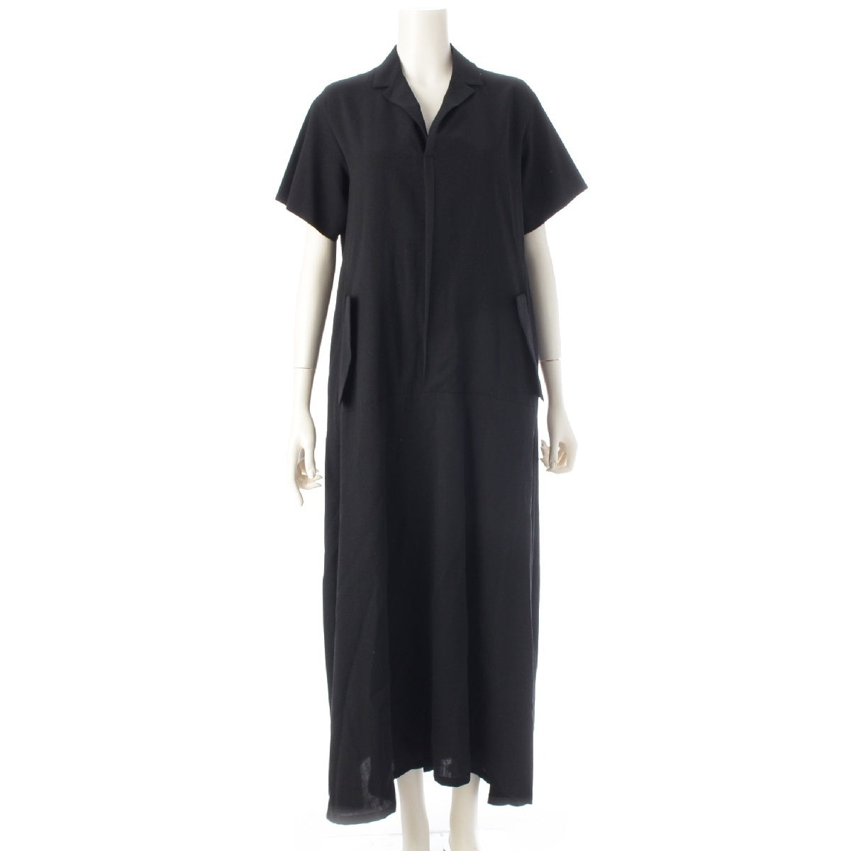 Y's Youji Yamamoto wool Open collar short sleeve one piece  YF-D04-100 black