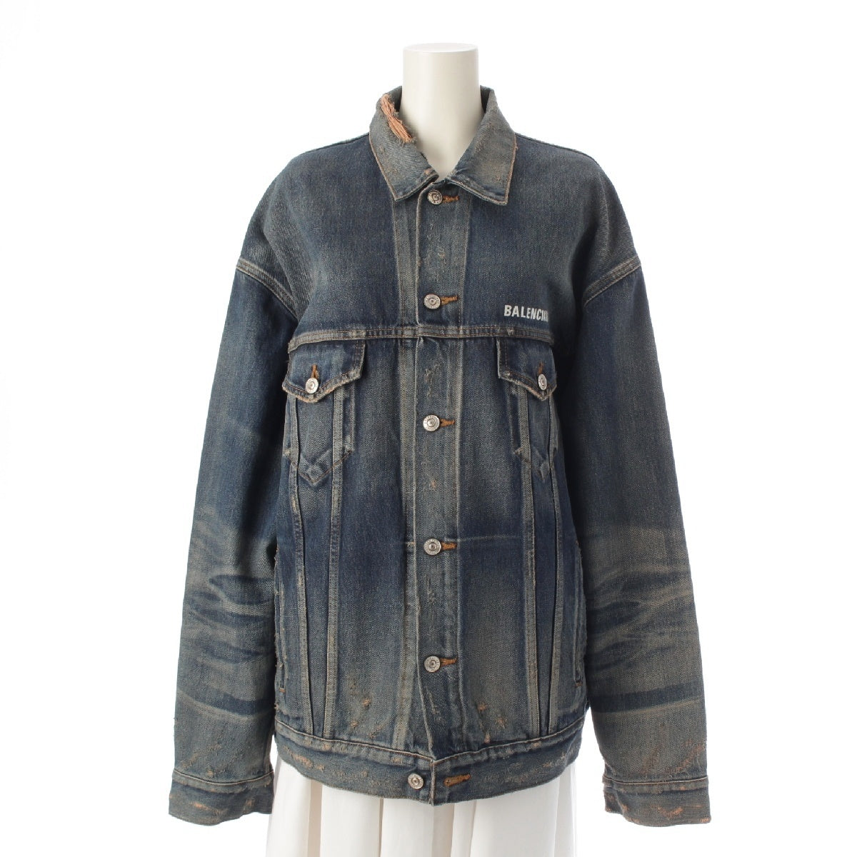 BALENCIAGA Back logo, distressed finish, oversized Denim Jacket Tops outer blue 36