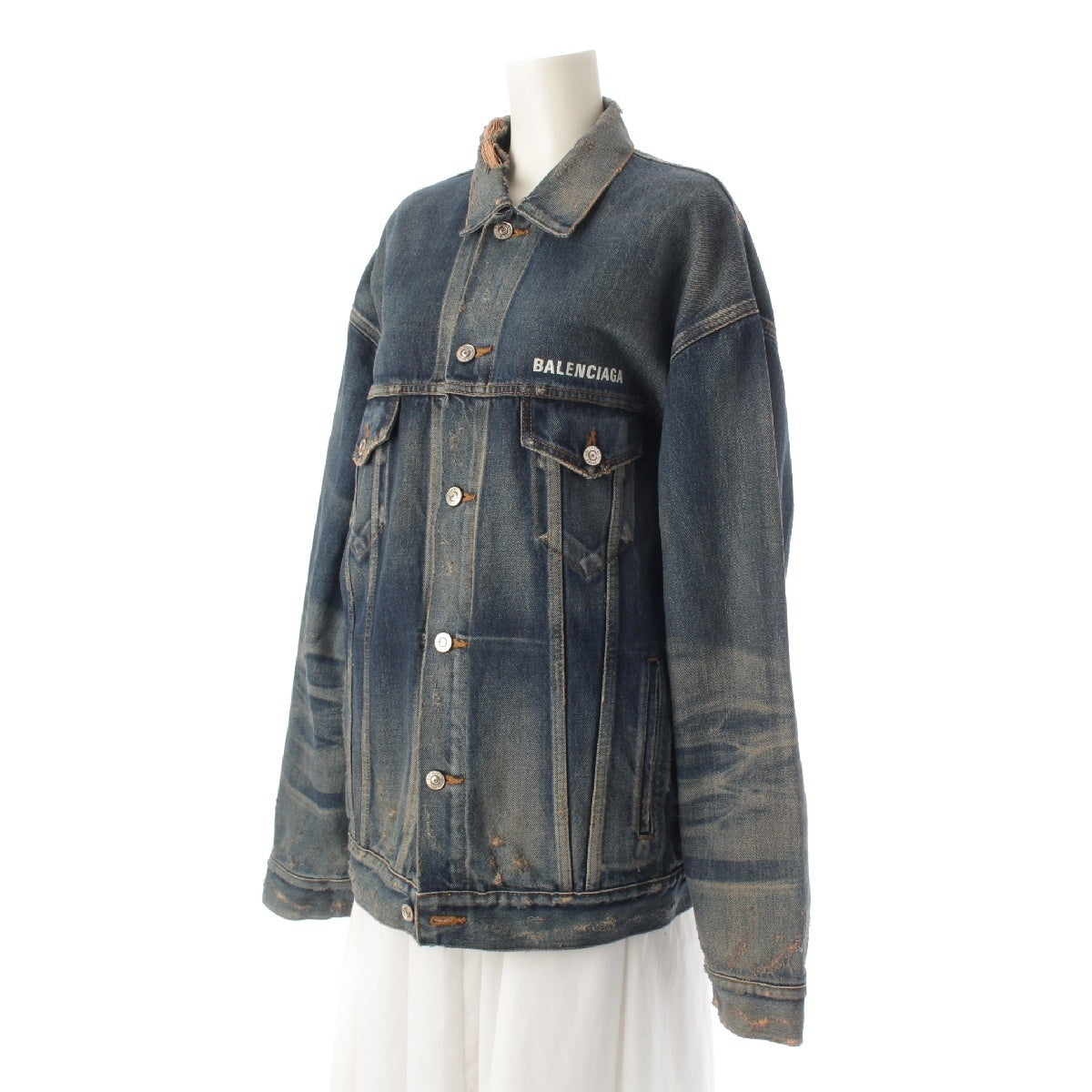 BALENCIAGA Back logo, distressed finish, oversized Denim Jacket Tops outer blue 36