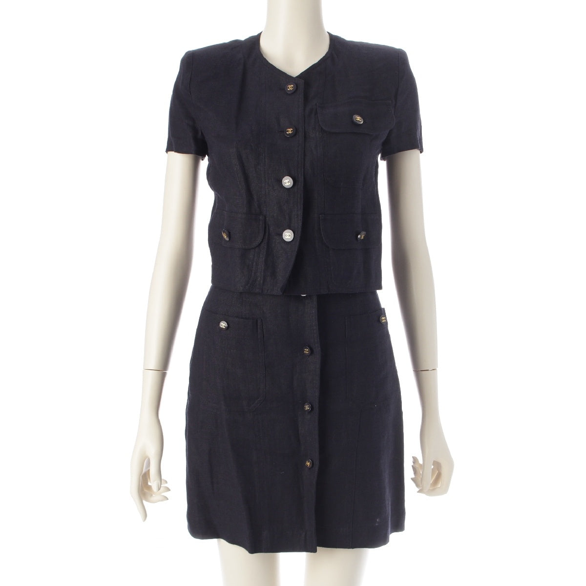CHANEL 97P linen Vintage COCO Mark Tops Skirt setup Shirt jacket 03546H/R Navy 34