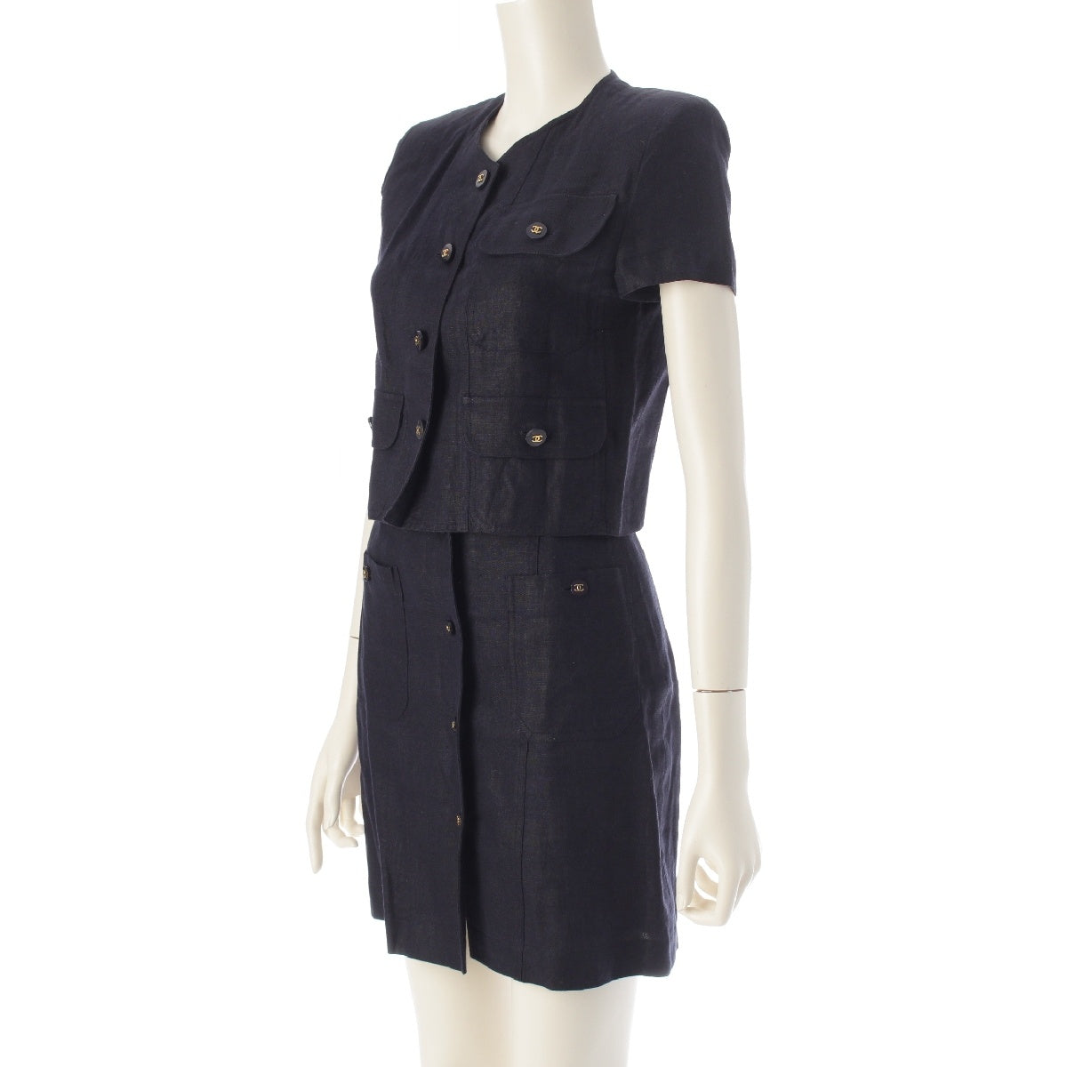 CHANEL 97P linen Vintage COCO Mark Tops Skirt setup Shirt jacket 03546H/R Navy 34