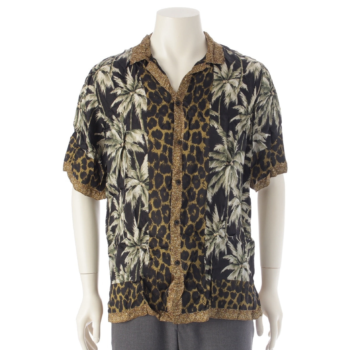 DRIES VAN NOTEN 16Stainless Steel Viscose Leopard Palm Tree Aloha Short sleeve shirt tops Khaki 48