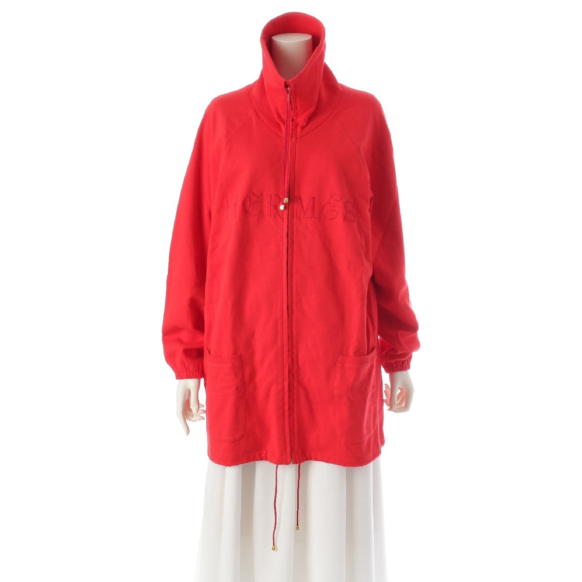 HERMES cotton Logo embroidery high neck zip up Jacket Blouson Outerwear Tops Red M