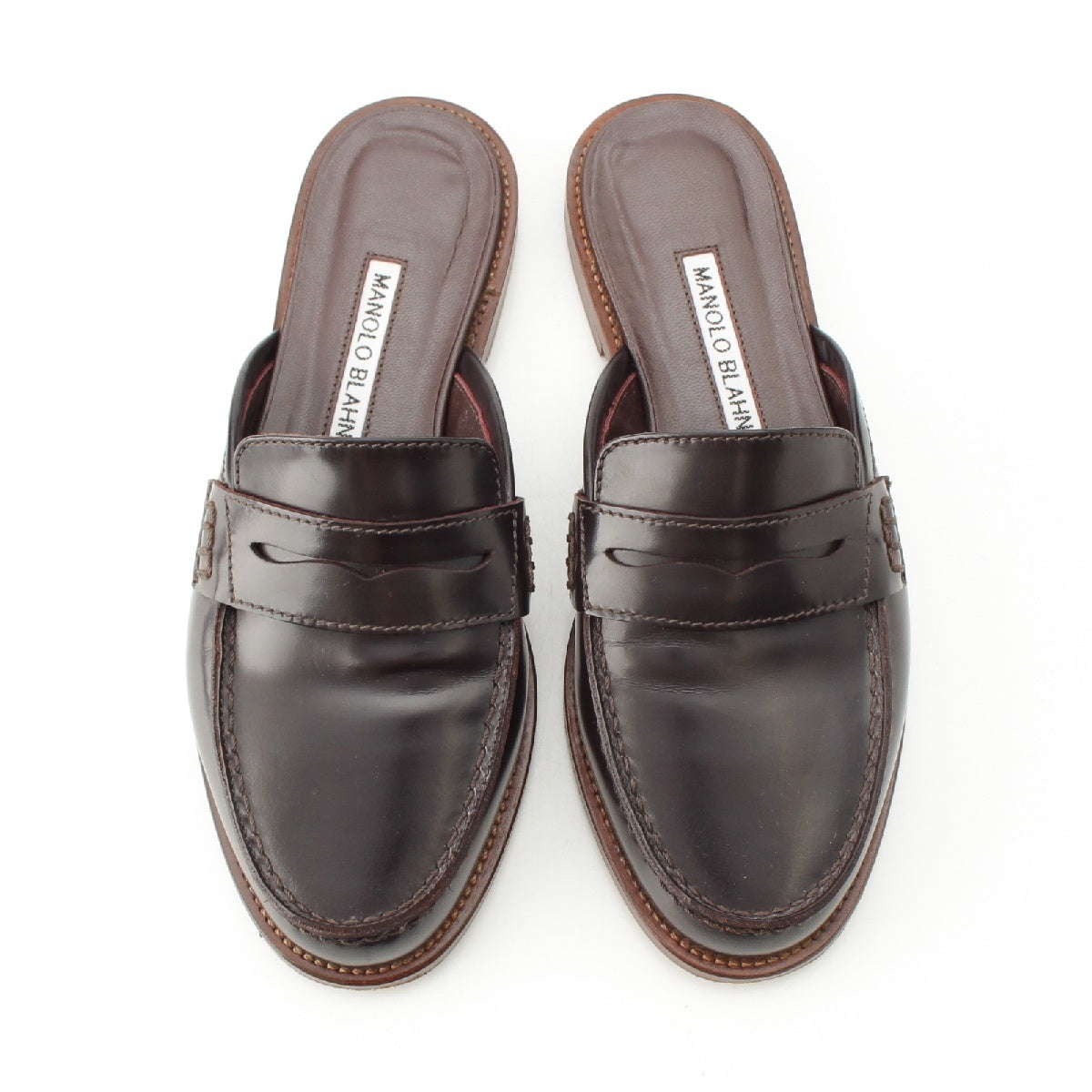 MANOLO BLAHNIK Perritamu leather Flat Loafers Mule Sandals shoes Brown 34