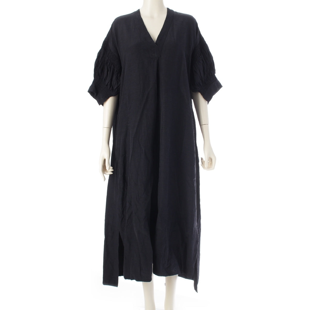 JIL SANDER 20Stainless Steel linen Gathered V-neck long one piece Short sleeve JSPQ503906 Navy 36
