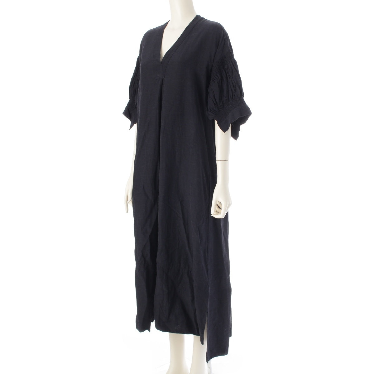 JIL SANDER 20Stainless Steel linen Gathered V-neck long one piece Short sleeve JSPQ503906 Navy 36