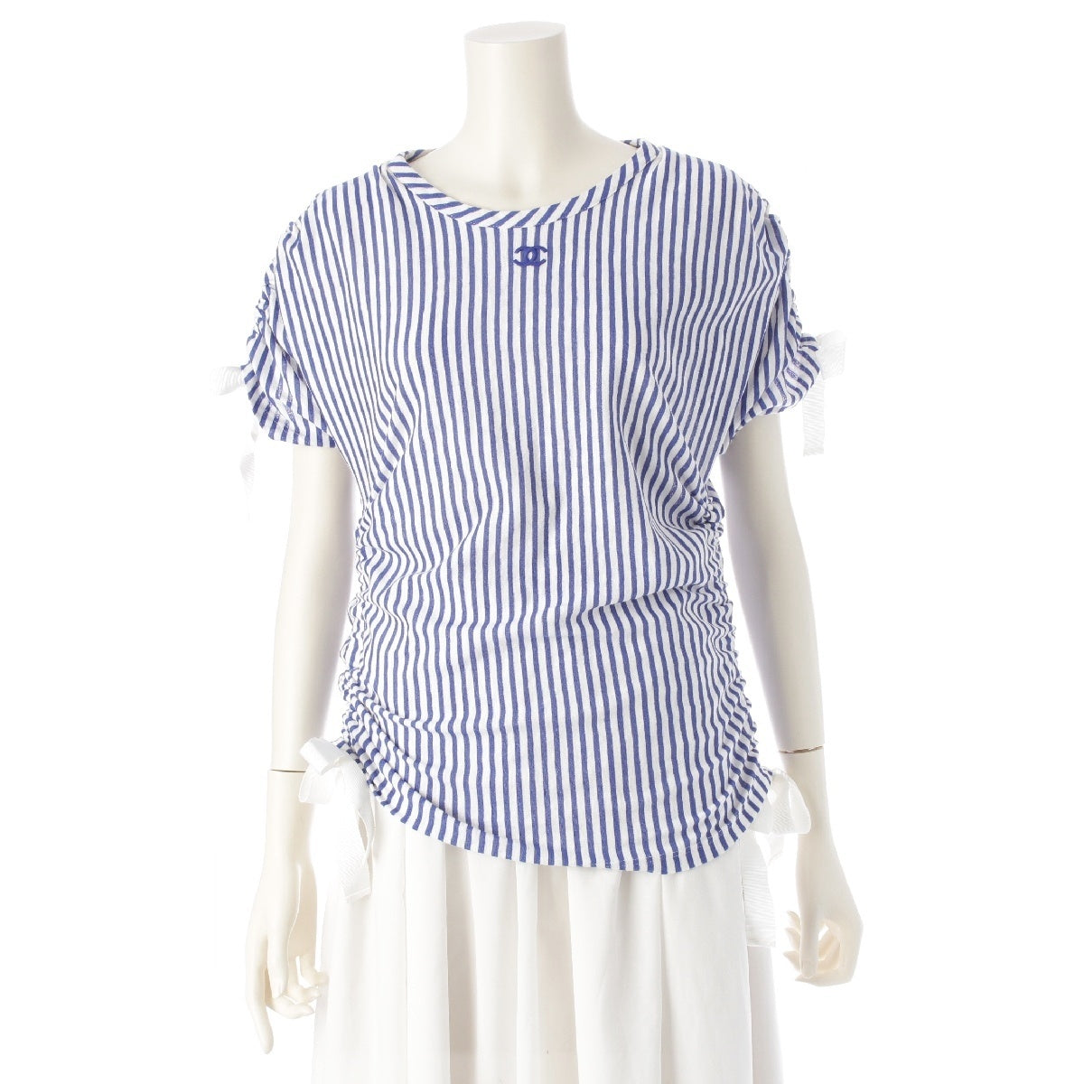 CHANEL cotton COCO Mark Striped Ribbon Tie Short sleeve shirt blouse tops P60251 White x blue 36