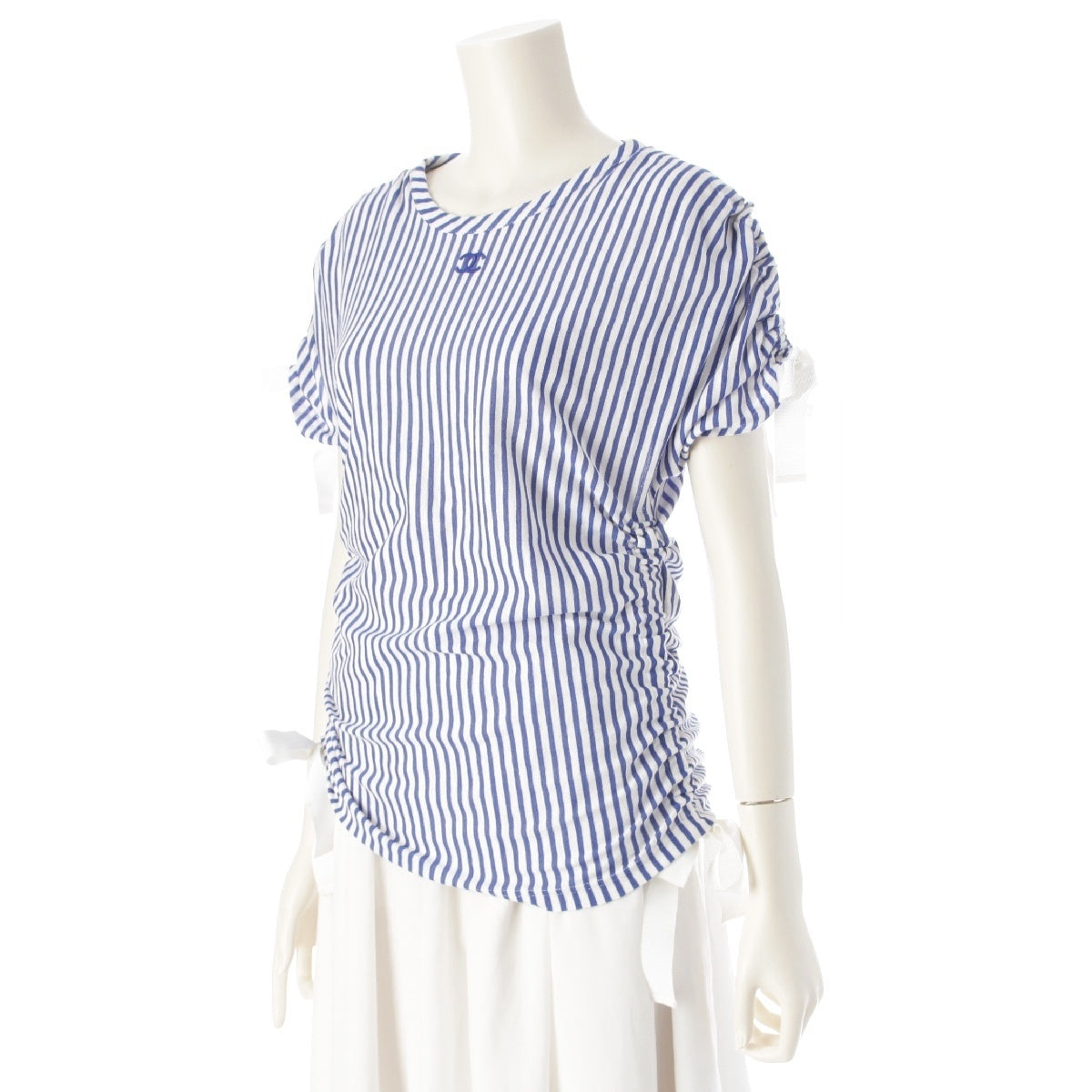 CHANEL cotton COCO Mark Striped Ribbon Tie Short sleeve shirt blouse tops P60251 White x blue 36